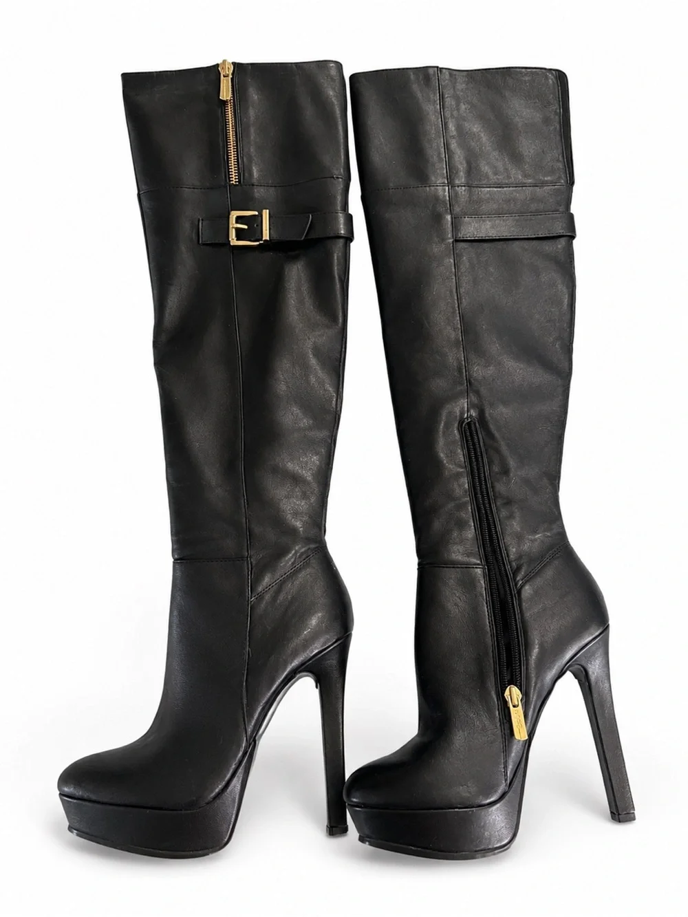 BCBGeneration Black Leather Over-the-Knee High Heel Boots with Gold Hardware